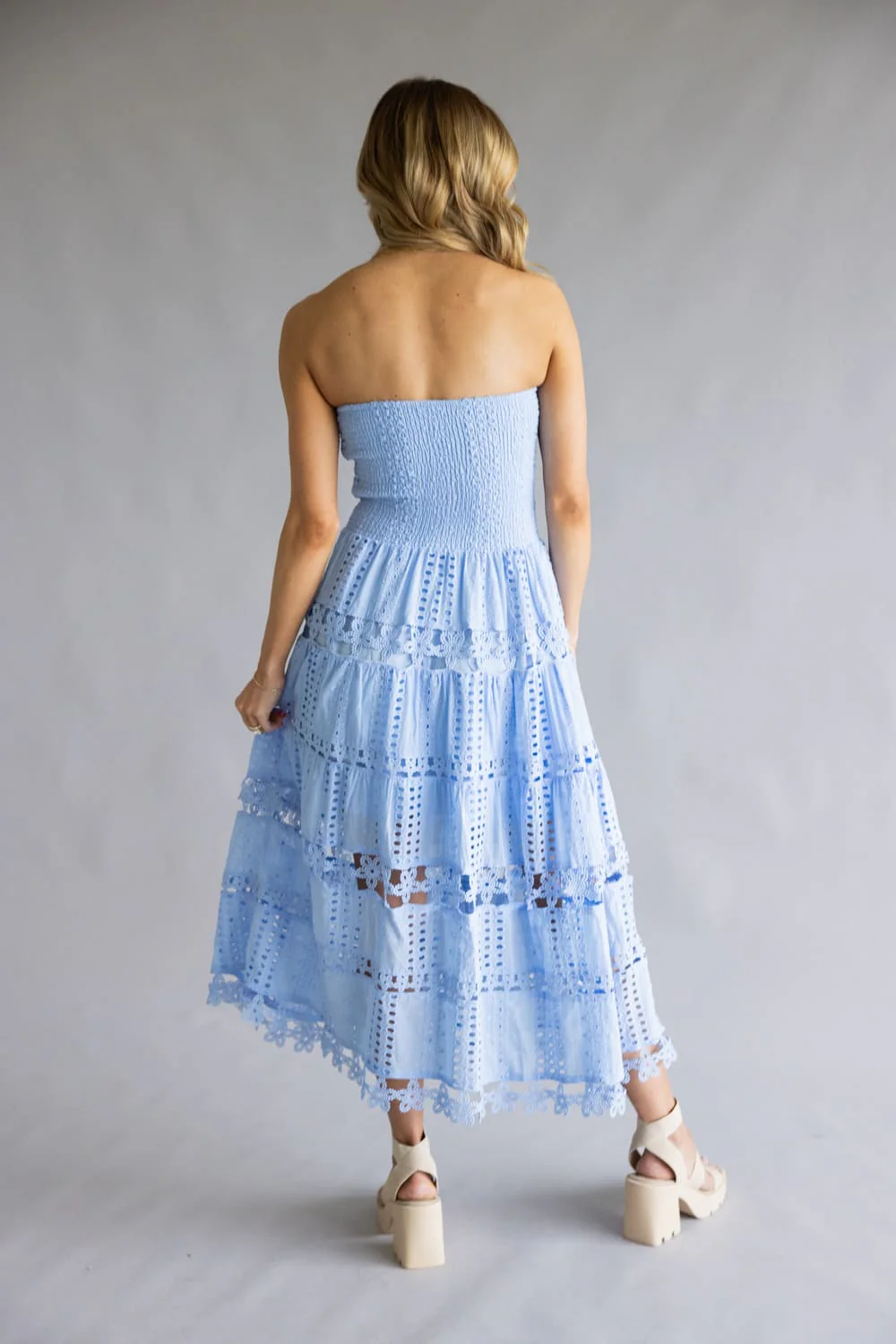 Strut & Bolt Eyelet Strapless Midi Dress for Women in Chambray Blue | D-2192-H-CHM - Image 4