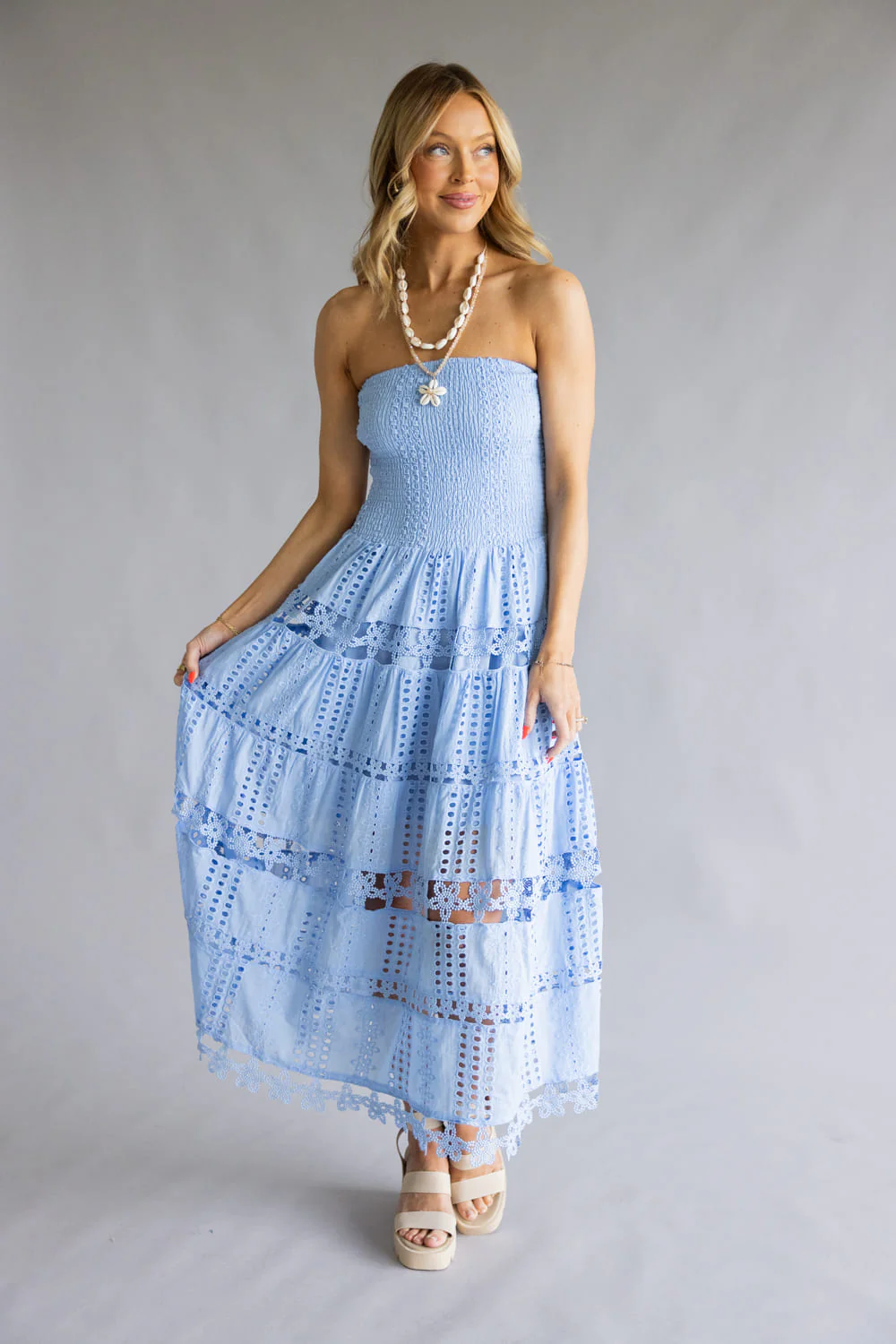 Strut & Bolt Eyelet Strapless Midi Dress for Women in Chambray Blue | D-2192-H-CHM - Image 5