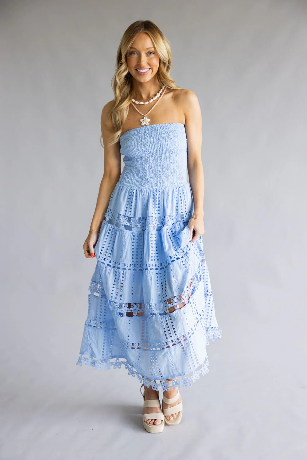 Strut & Bolt Eyelet Strapless Midi Dress for Women in Chambray Blue | D-2192-H-CHM - Image 6