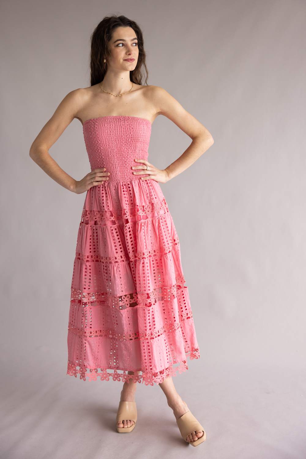 Strut & Bolt Eyelet Strapless Midi Dress for Women in Confetti Pink | D-2192-H-CNFTPNK - Image 5