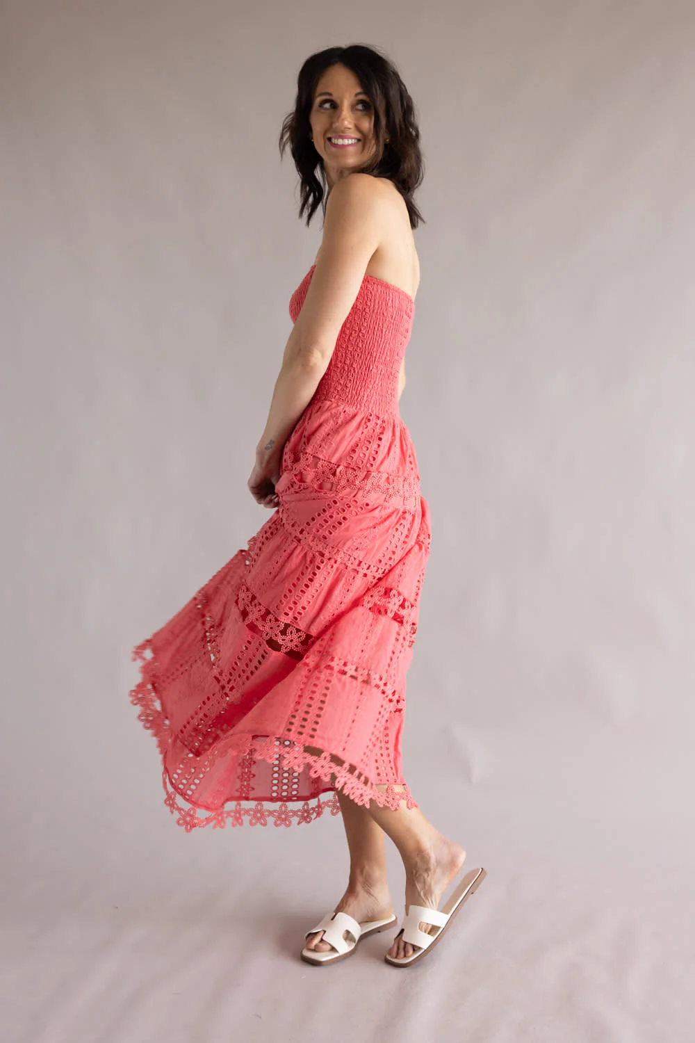 Strut & Bolt Eyelet Strapless Midi Dress for Women in Coral | D-2192-H-CRL - Image 2