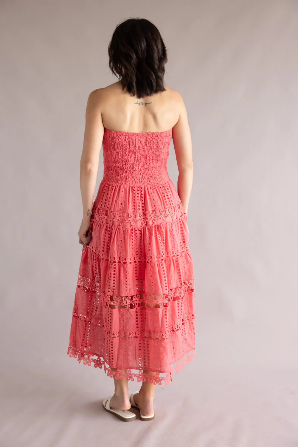 Strut & Bolt Eyelet Strapless Midi Dress for Women in Coral | D-2192-H-CRL - Image 3