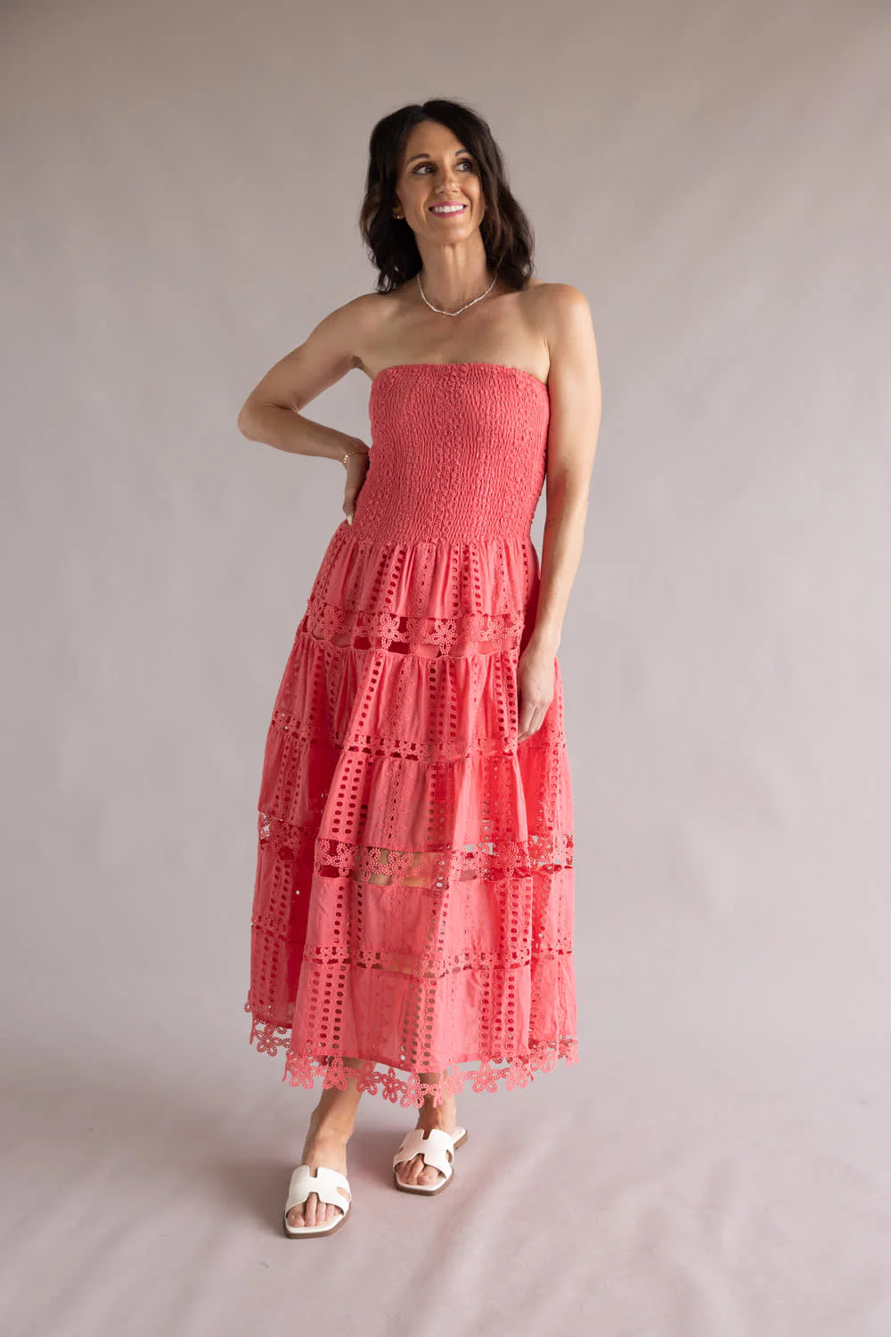 Strut & Bolt Eyelet Strapless Midi Dress for Women in Coral | D-2192-H-CRL - Image 4