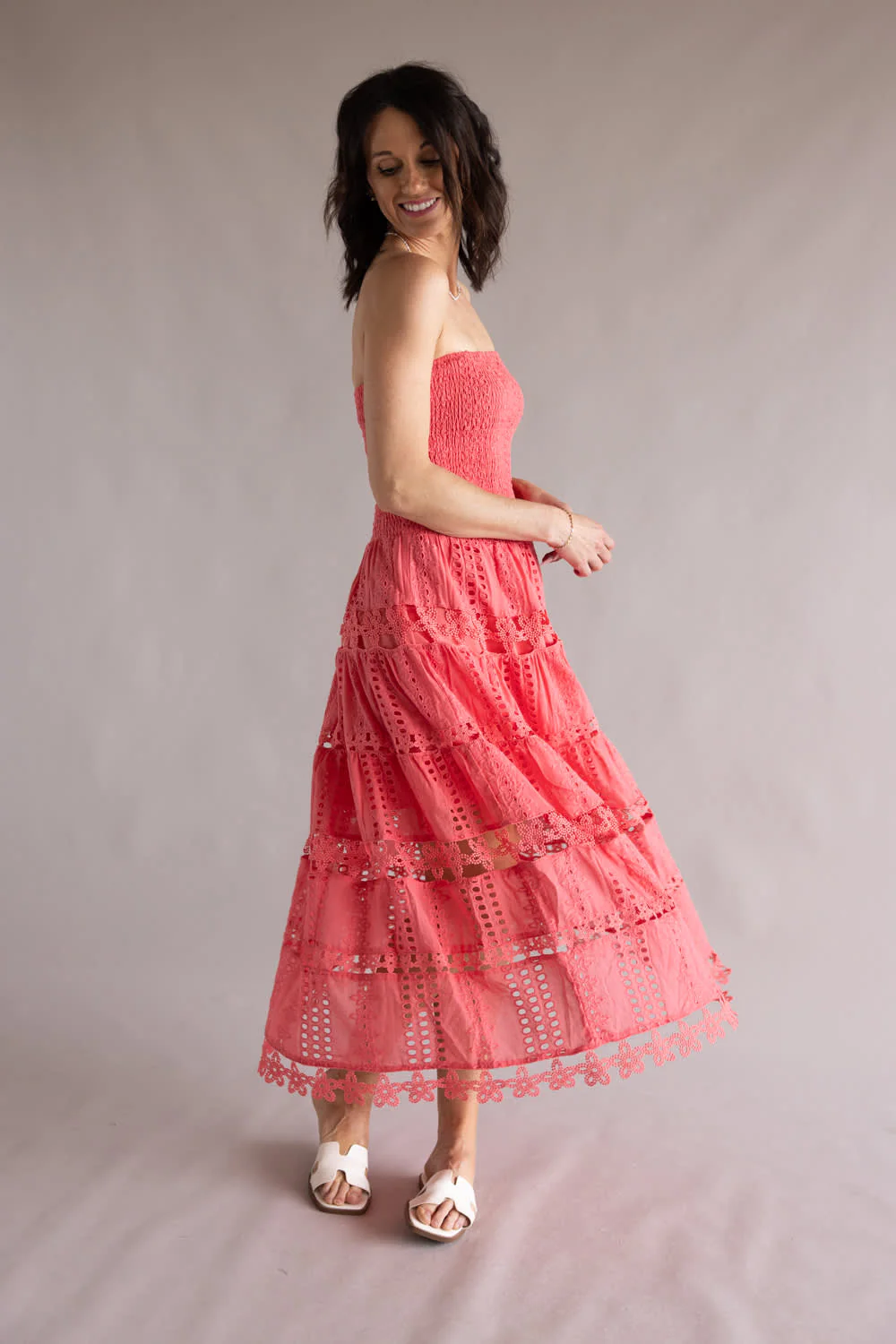 Strut & Bolt Eyelet Strapless Midi Dress for Women in Coral | D-2192-H-CRL - Image 5