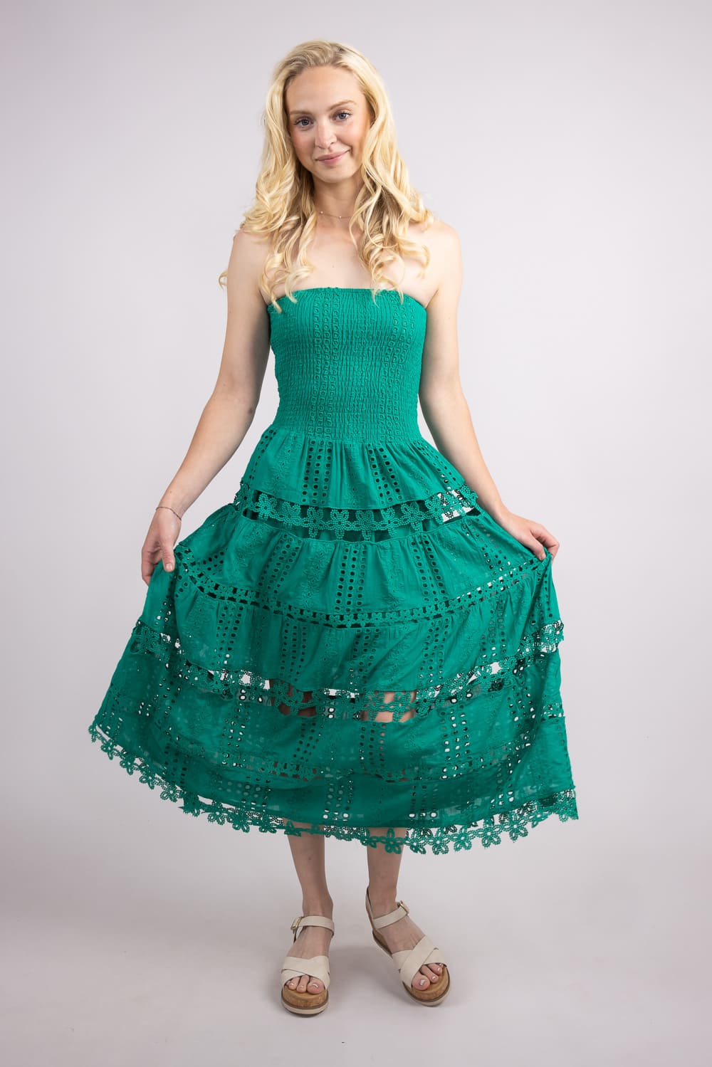 Strut & Bolt Eyelet Strapless Midi Dress for Women in Emerald | D-2192-H-EMR - Image 6