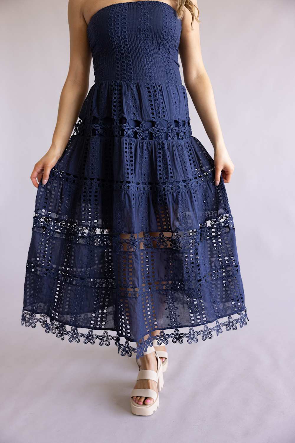 Strut & Bolt Eyelet Strapless Midi Dress for Women in Navy | D-2192-H-NVY - Image 2