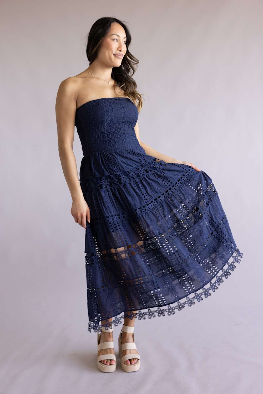 Strut & Bolt Eyelet Strapless Midi Dress for Women in Navy | D-2192-H-NVY - Image 4