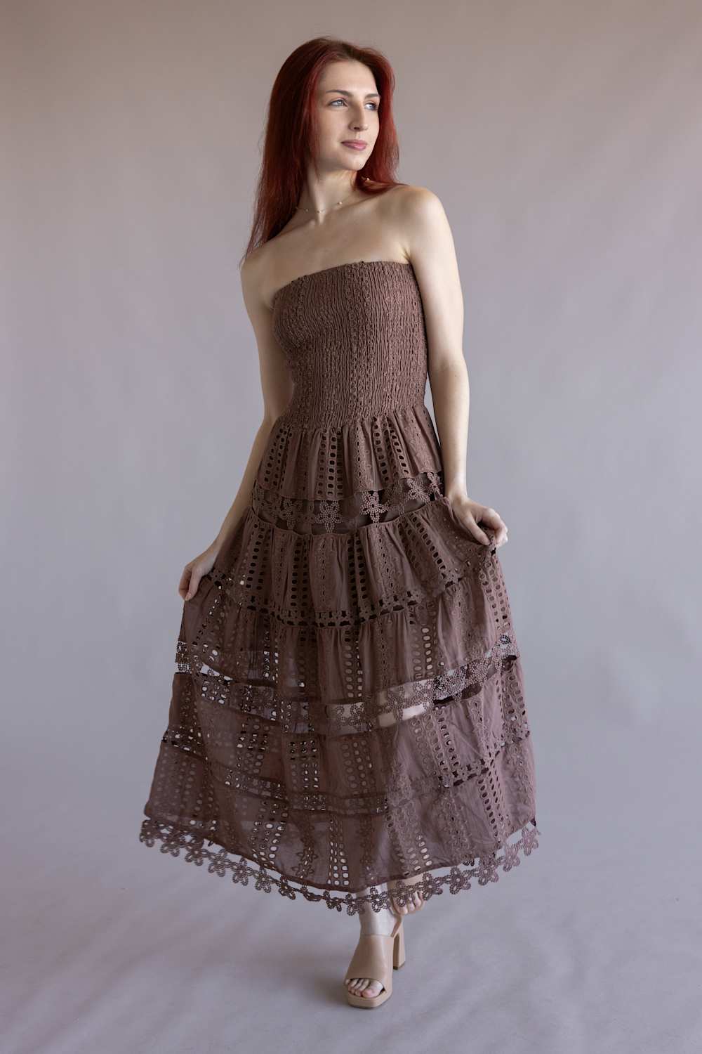 Strut & Bolt Eyelet Strapless Midi Dress for Women in Nutmeg | D-2192-H-NUT - Image 3