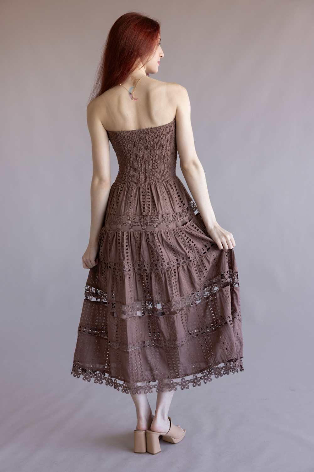 Strut & Bolt Eyelet Strapless Midi Dress for Women in Nutmeg | D-2192-H-NUT - Image 4