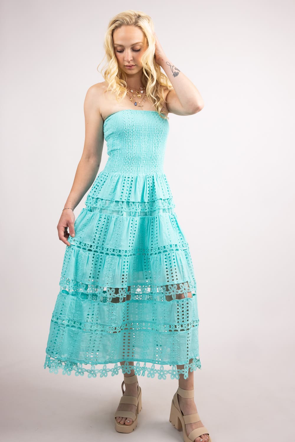 Strut & Bolt Eyelet Strapless Midi Dress for Women in Tiffany Blue | D-2192-H-TFBLU - Image 4