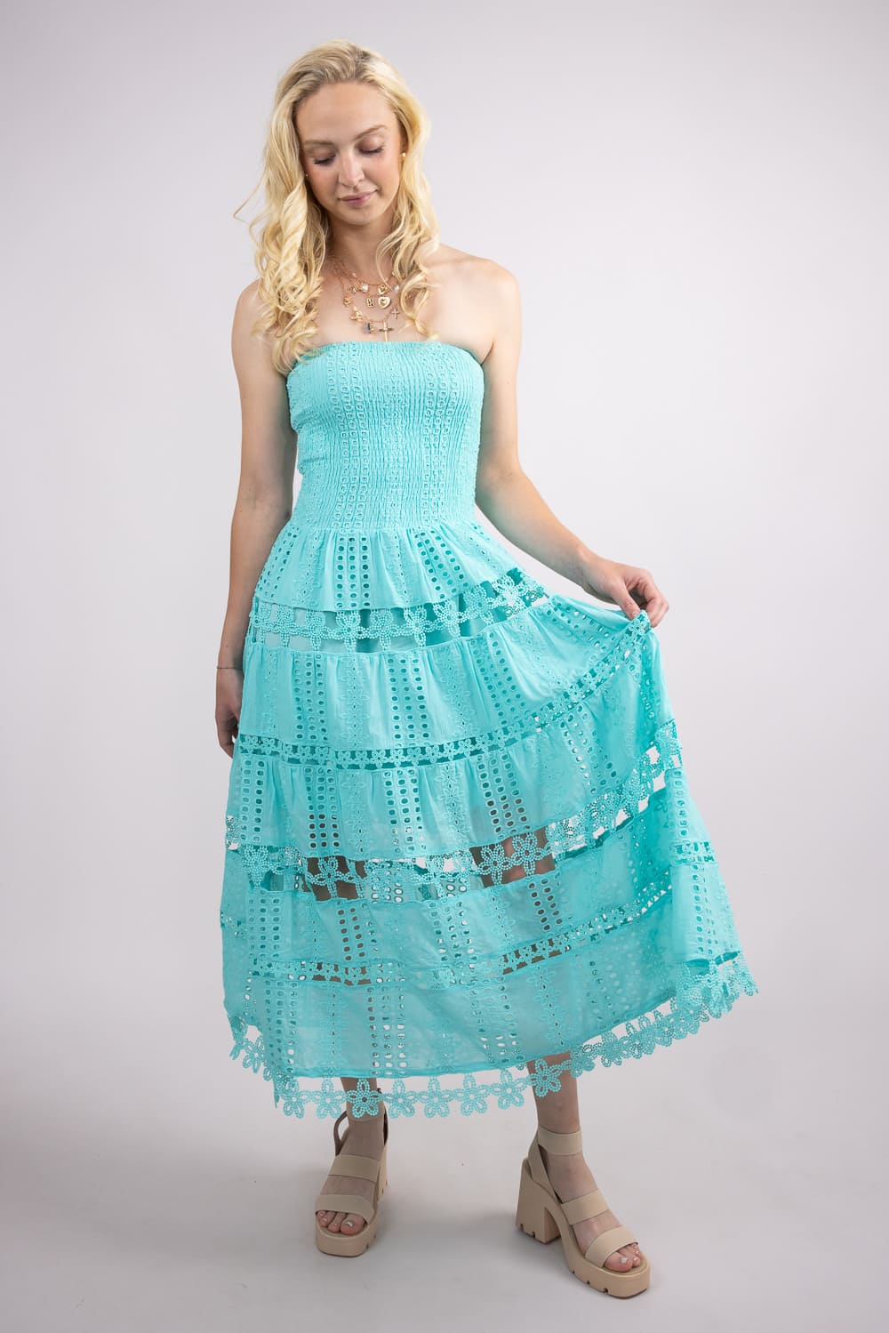 Strut & Bolt Eyelet Strapless Midi Dress for Women in Tiffany Blue | D-2192-H-TFBLU - Image 5