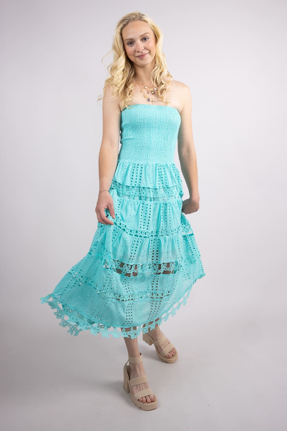 Strut & Bolt Eyelet Strapless Midi Dress for Women in Tiffany Blue | D-2192-H-TFBLU - Image 6