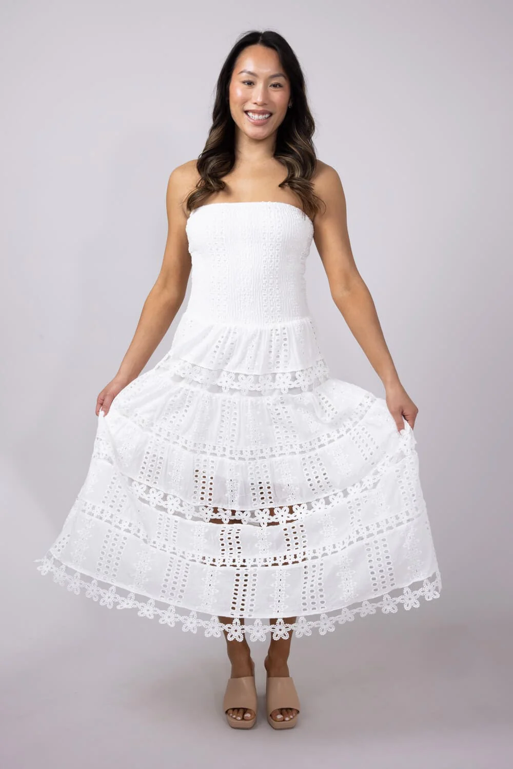 Strut & Bolt Eyelet Strapless Midi Dress for Women in White | D-2192-H-WHT - Image 3