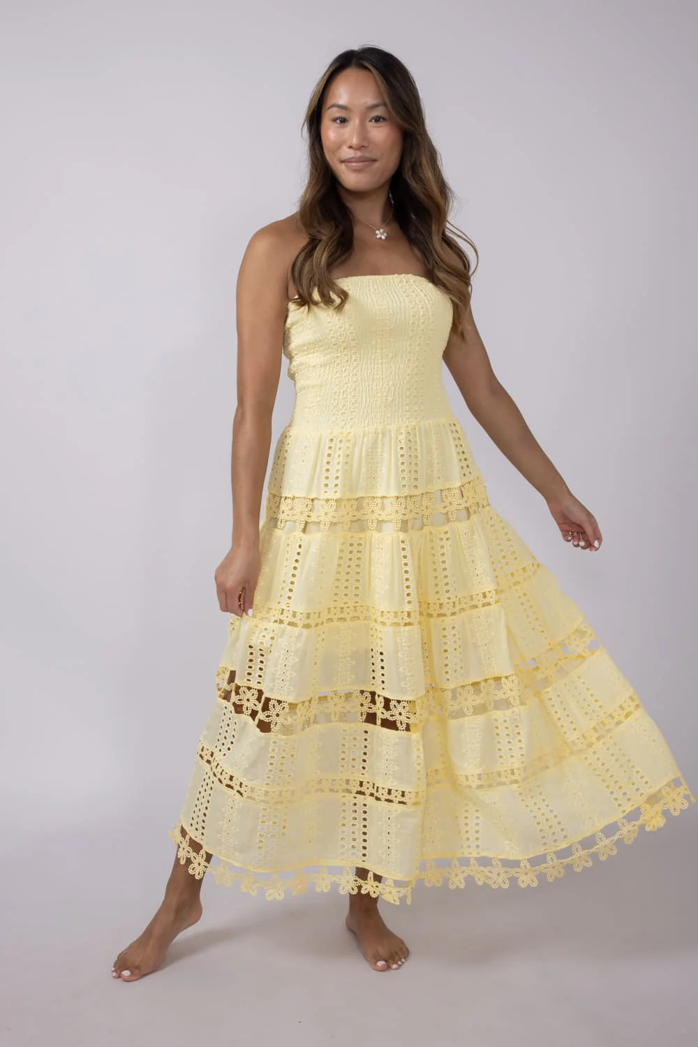 Strut & Bolt Eyelet Strapless Midi Dress for Women in Yellow | D-2192-H-YLW - Image 5