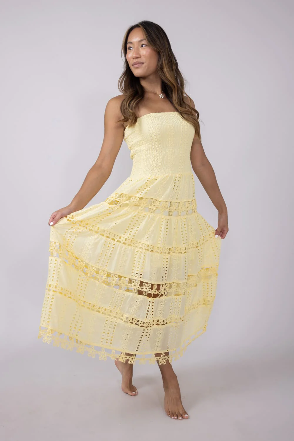 Strut & Bolt Eyelet Strapless Midi Dress for Women in Yellow | D-2192-H-YLW - Image 6