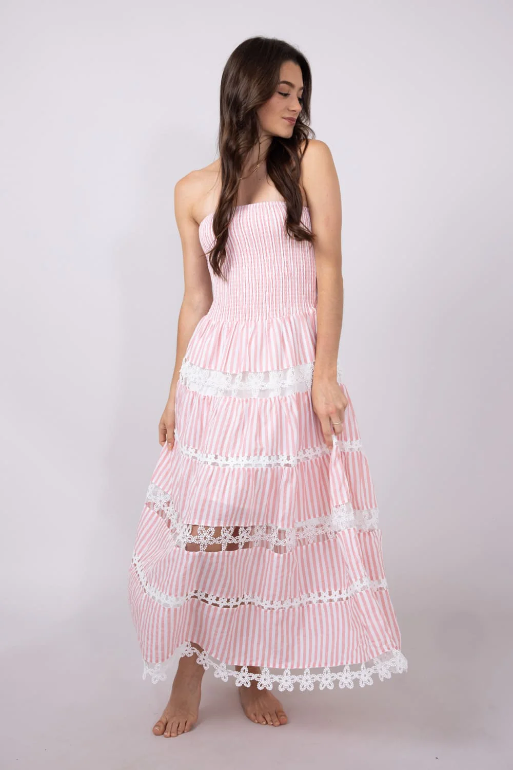 Strut & Bolt Striped Eyelet Strapless Midi Dress for Women in Pink | D-10435-H-PNK - Image 3
