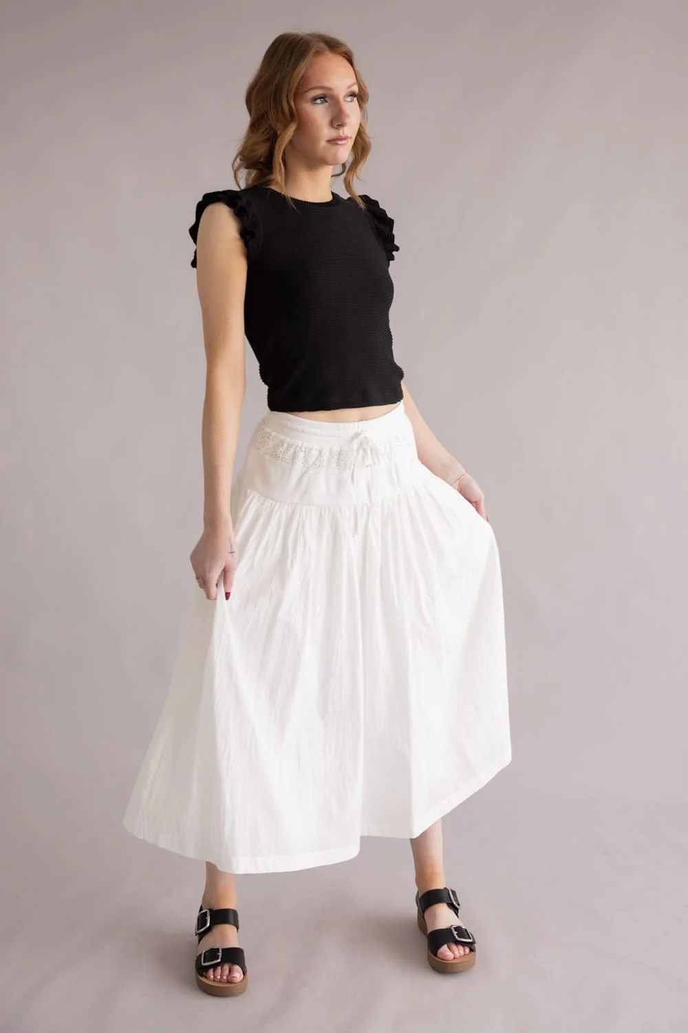 Eyelet Tie Waist Midi Skirt for Women in White | S25416-OFFWHITE - Image 2