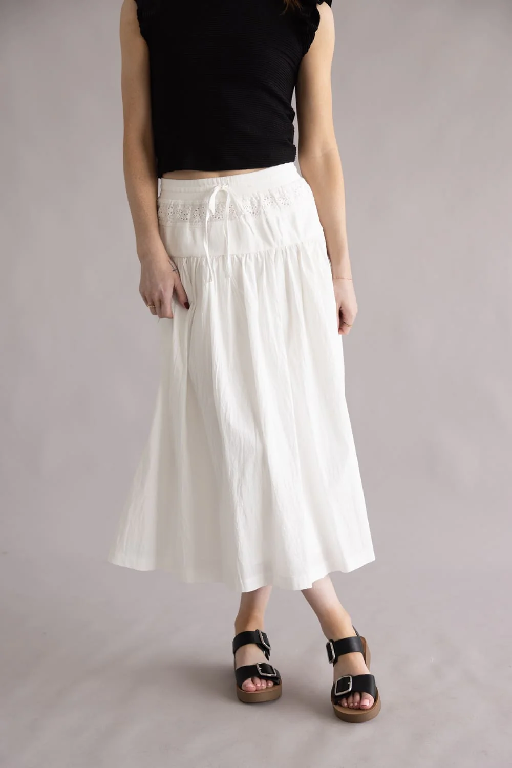 Eyelet Tie Waist Midi Skirt for Women in White | S25416-OFFWHITE - Image 3