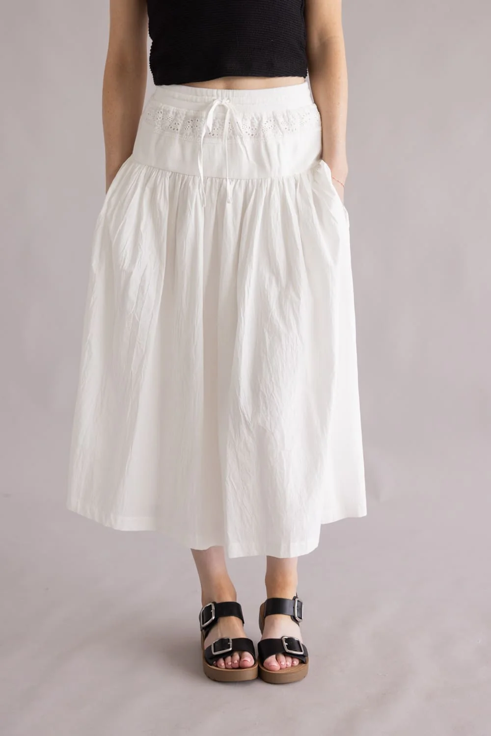 Eyelet Tie Waist Midi Skirt for Women in White | S25416-OFFWHITE - Image 4