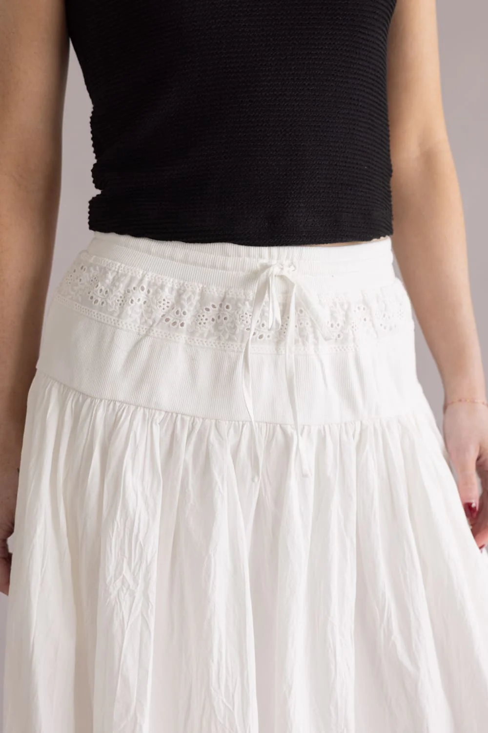 Eyelet Tie Waist Midi Skirt for Women in White | S25416-OFFWHITE - Image 6