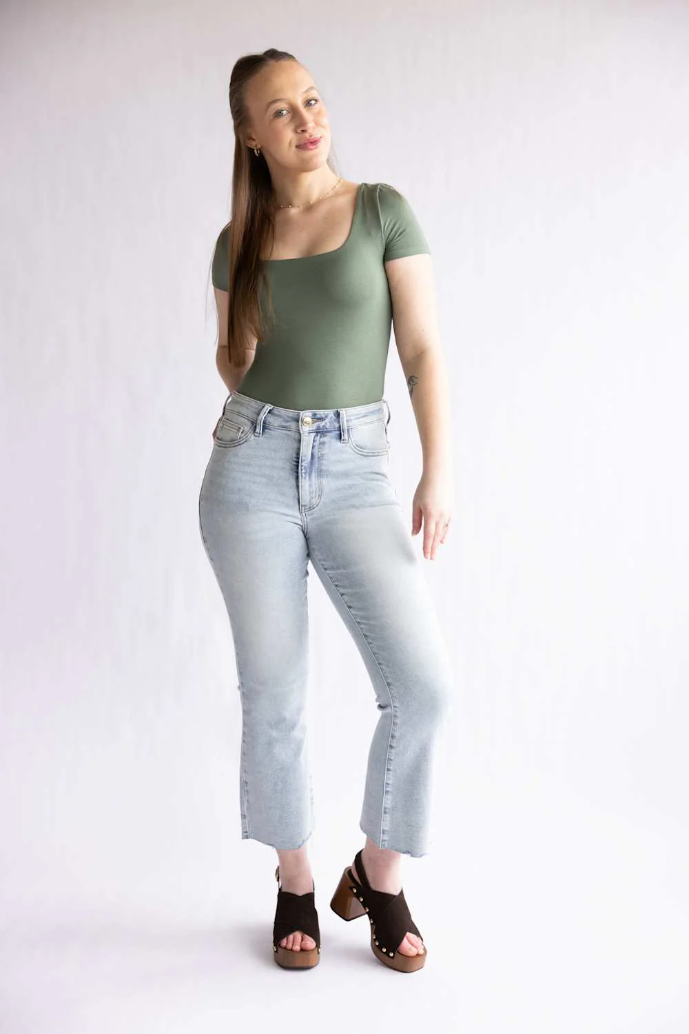Final Touch Double Layer Knit T-Shirt for Women in Olive | VT30991-OLIVEPI - Image 2