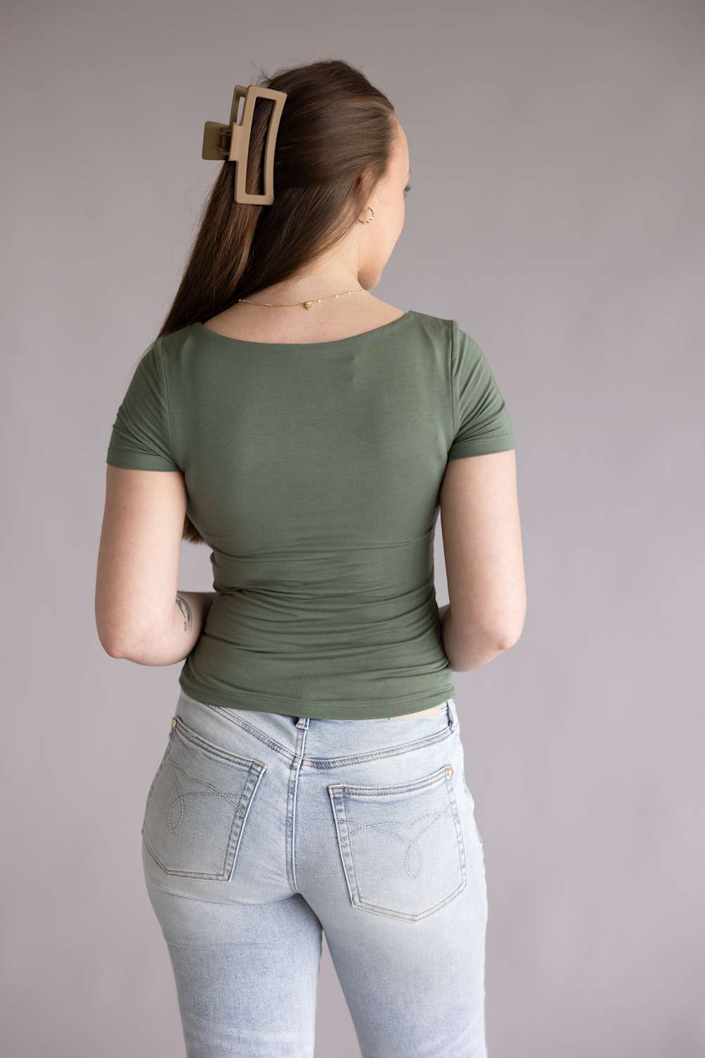 Final Touch Double Layer Knit T-Shirt for Women in Olive | VT30991-OLIVEPI - Image 3