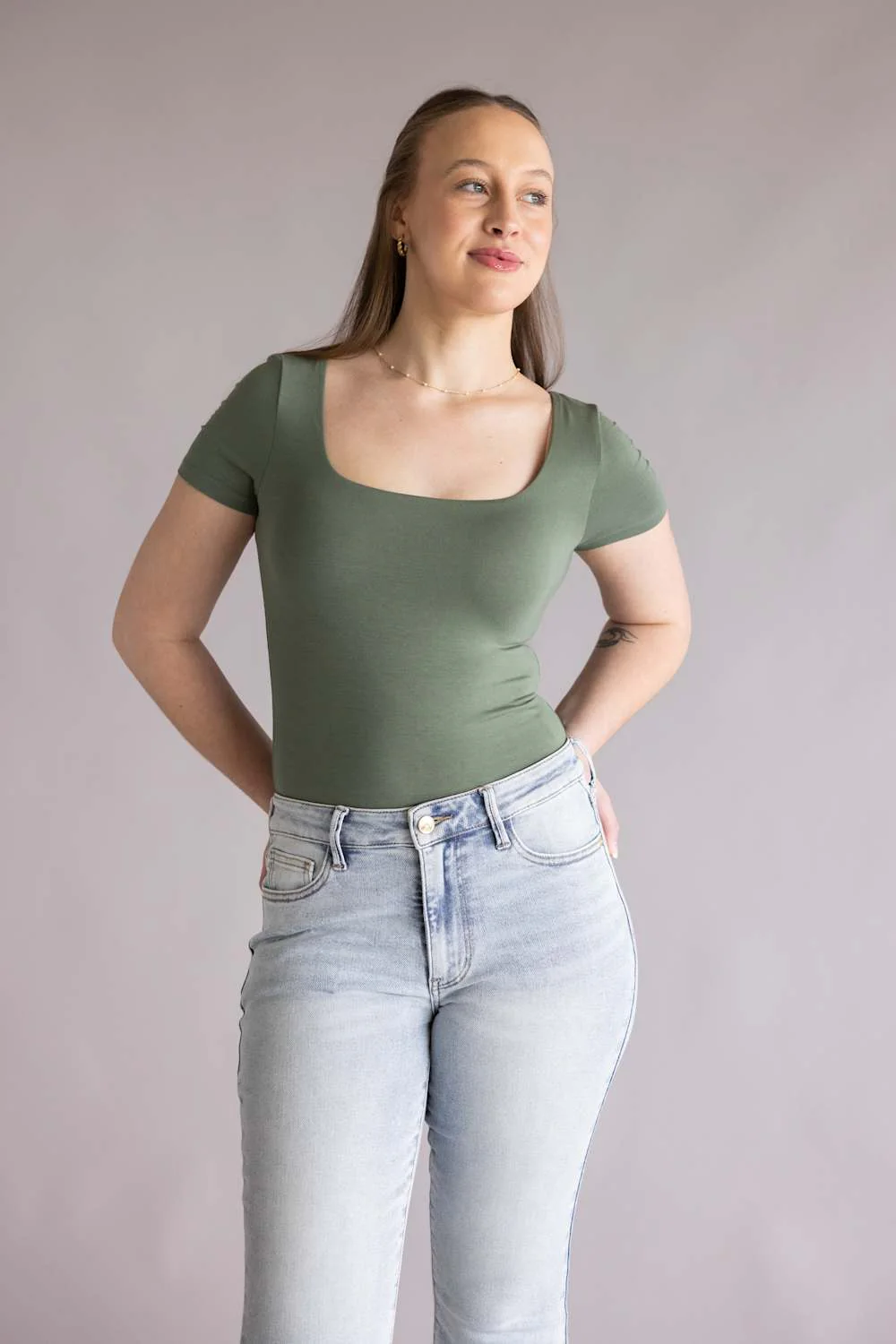 Final Touch Double Layer Knit T-Shirt for Women in Olive | VT30991-OLIVEPI - Image 5
