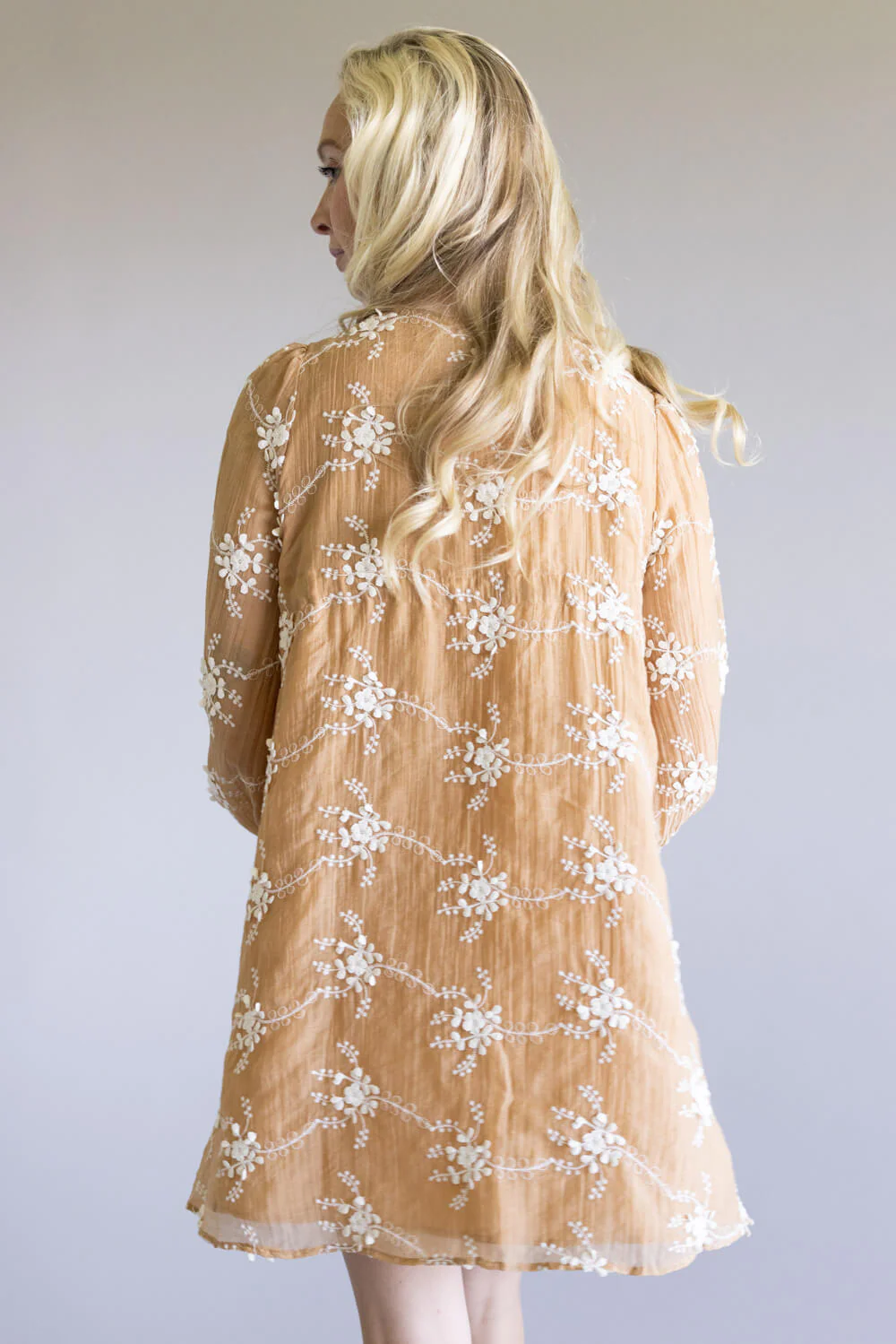 Floral Embroidered Long Sleeve Mini Dress for Women in Mocha | LD1678-2TONEMOCHA - Image 2