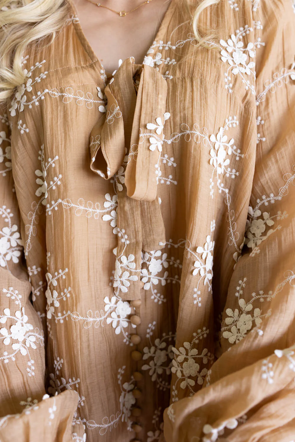 Floral Embroidered Long Sleeve Mini Dress for Women in Mocha | LD1678-2TONEMOCHA - Image 3
