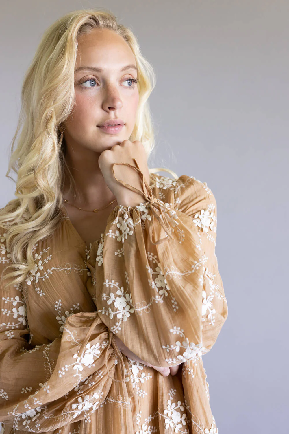 Floral Embroidered Long Sleeve Mini Dress for Women in Mocha | LD1678-2TONEMOCHA - Image 4