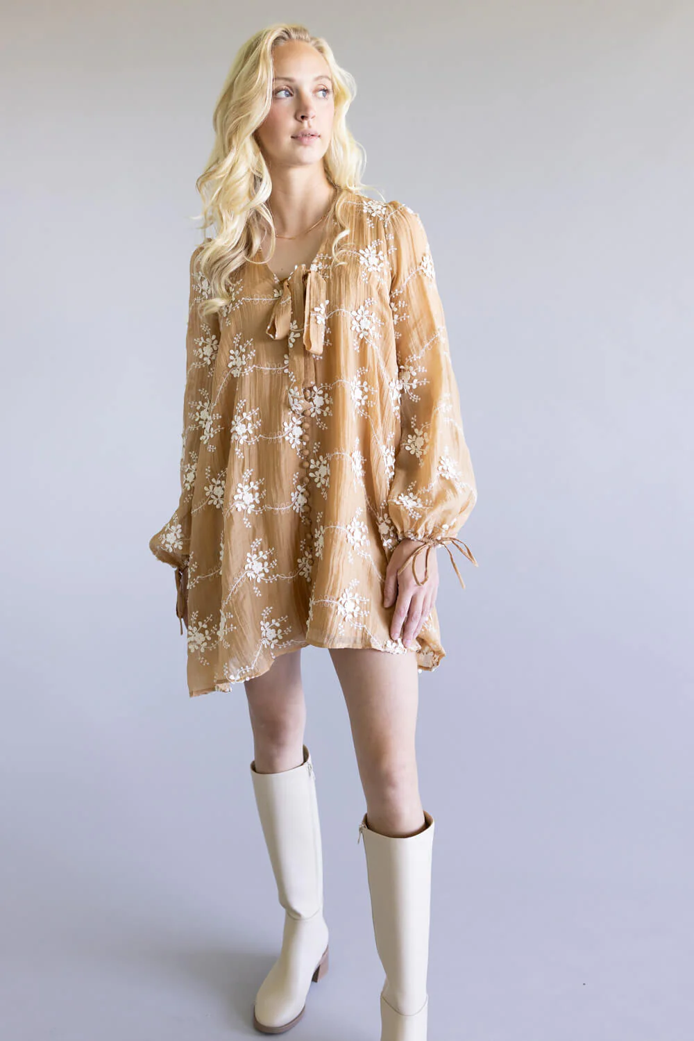 Floral Embroidered Long Sleeve Mini Dress for Women in Mocha | LD1678-2TONEMOCHA - Image 5