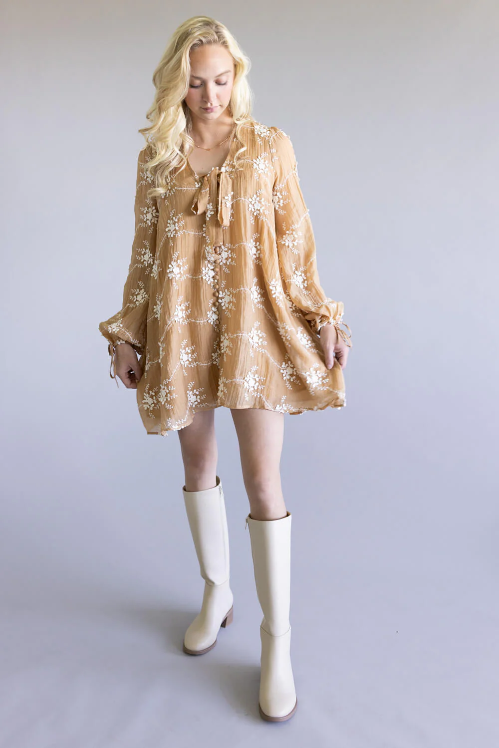 Floral Embroidered Long Sleeve Mini Dress for Women in Mocha | LD1678-2TONEMOCHA - Image 6