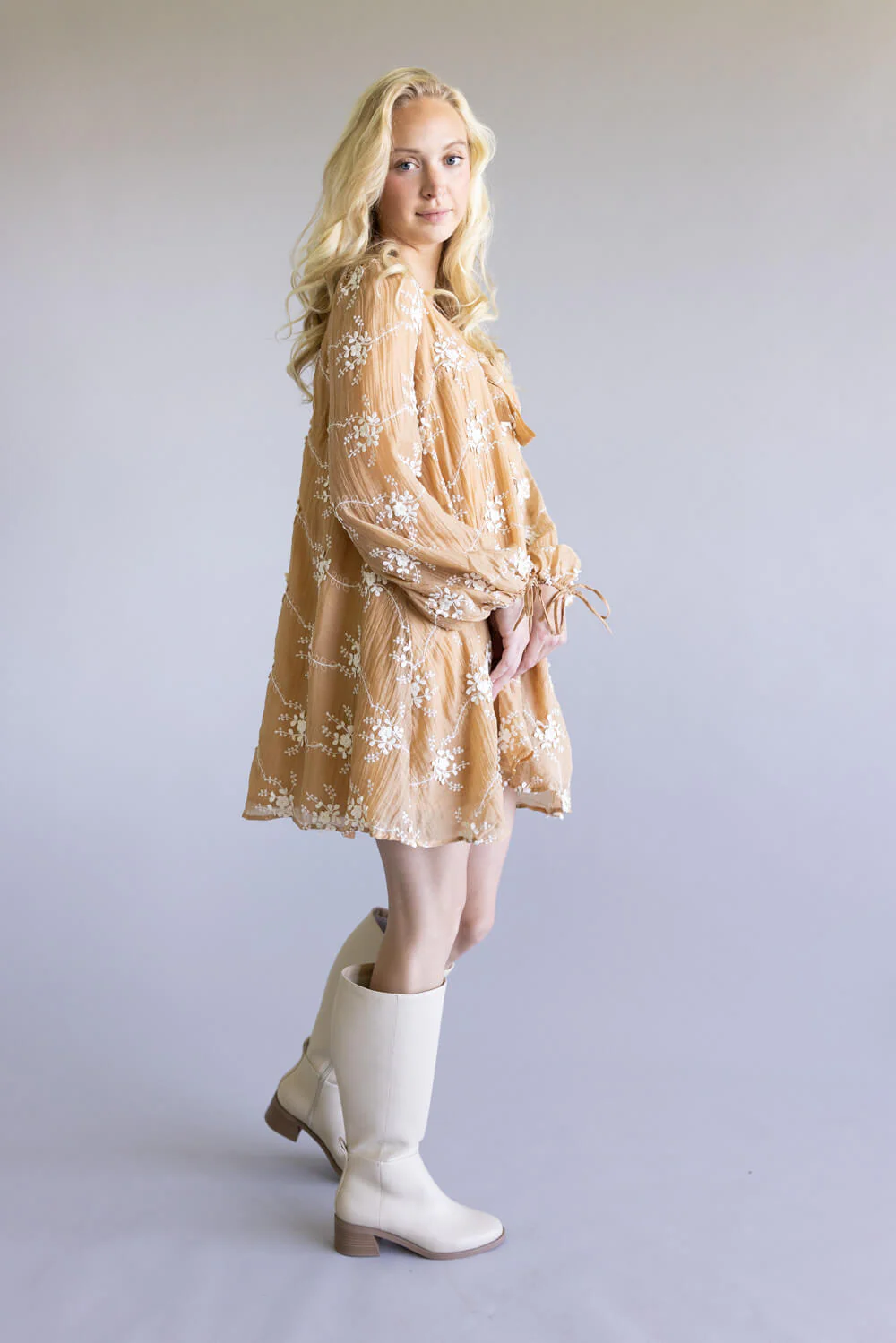 Floral Embroidered Long Sleeve Mini Dress for Women in Mocha | LD1678-2TONEMOCHA - Image 7