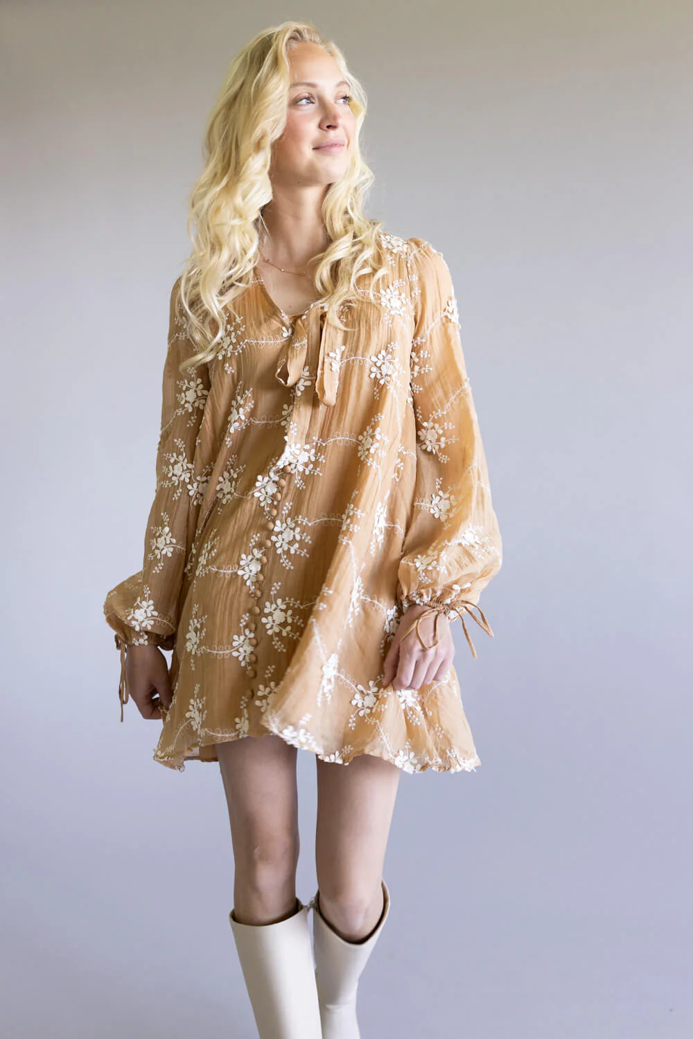 Floral Embroidered Long Sleeve Mini Dress for Women in Mocha | LD1678-2TONEMOCHA - Image 8