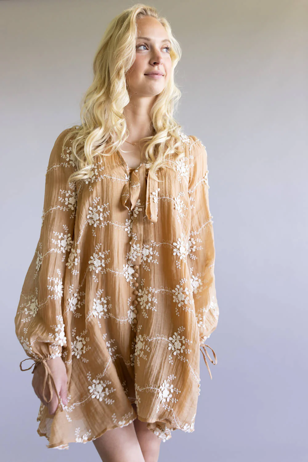 Floral Embroidered Long Sleeve Mini Dress for Women in Mocha | LD1678-2TONEMOCHA - Image 9
