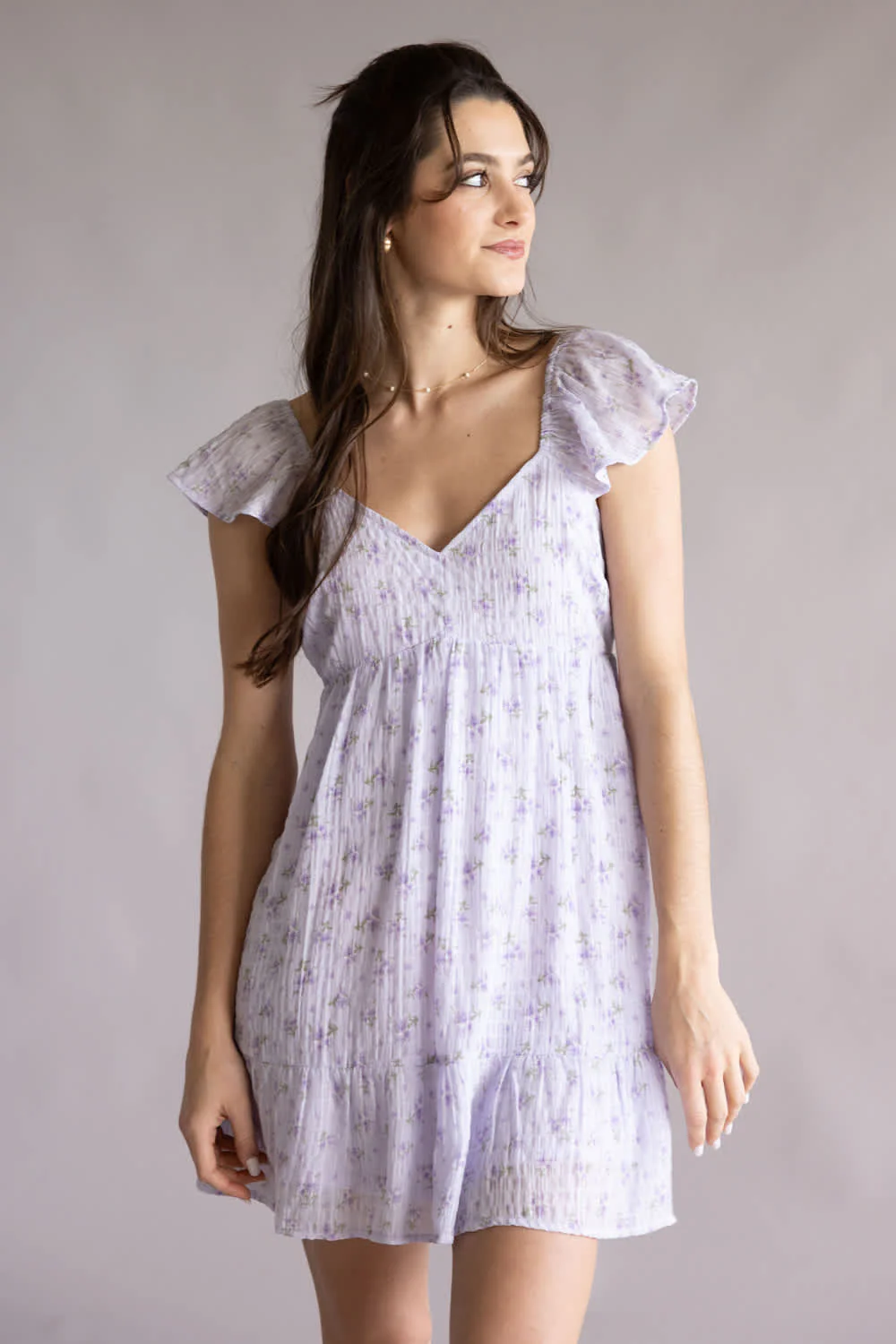 Floral Flutter Sleeve Dress for Women in Lilac | VD33896-LILAC - Image 2