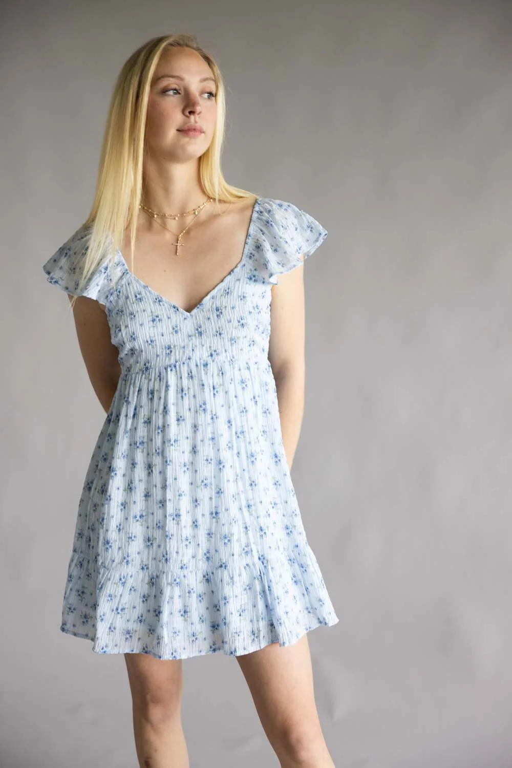 Floral Flutter Sleeve Dress for Women in Sky Blue | VD33896-SKY - Image 3
