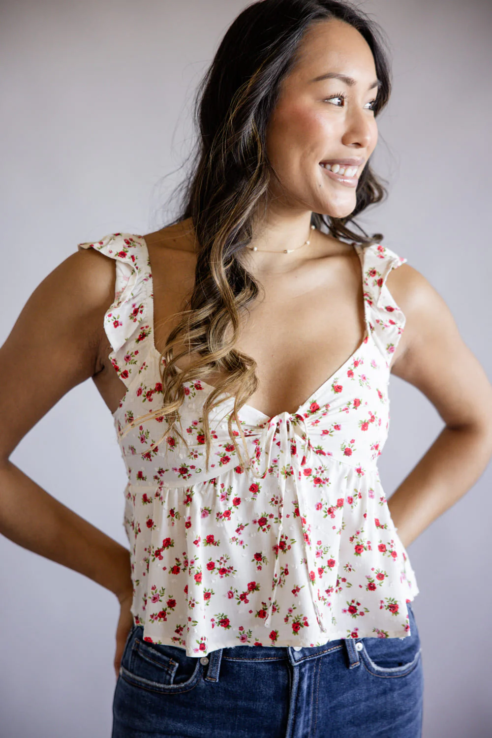 Floral Front Tie Woven Top for Women in Off White | TB8883-OFFWHITE - Image 5