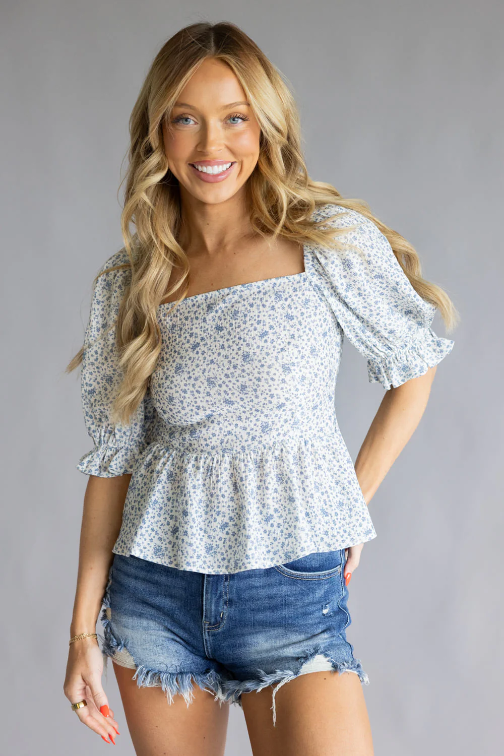 Floral Peplum Top for Women in Ivory/Blue | R602966-1-IRYBLU - Image 4