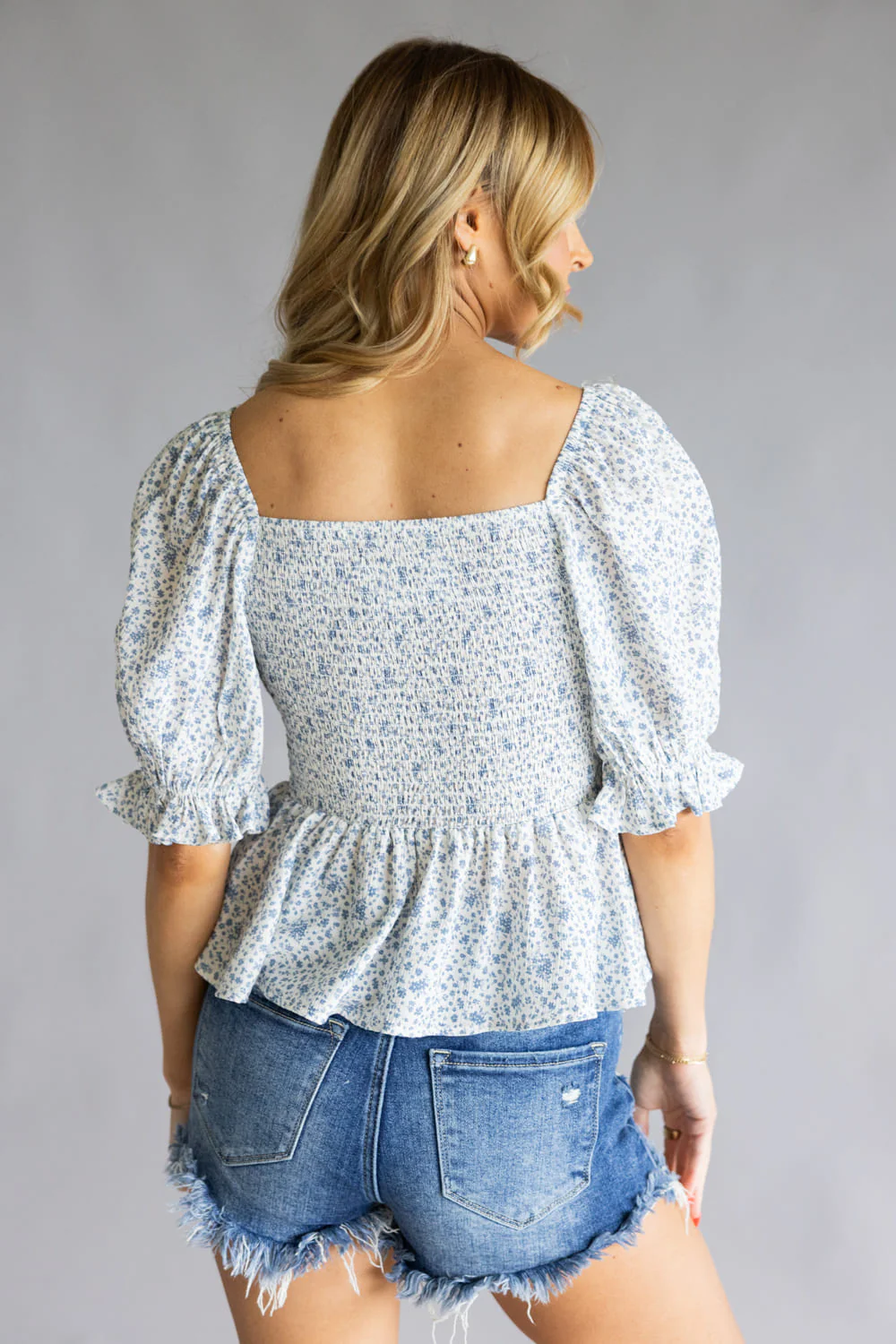 Floral Peplum Top for Women in Ivory/Blue | R602966-1-IRYBLU - Image 5