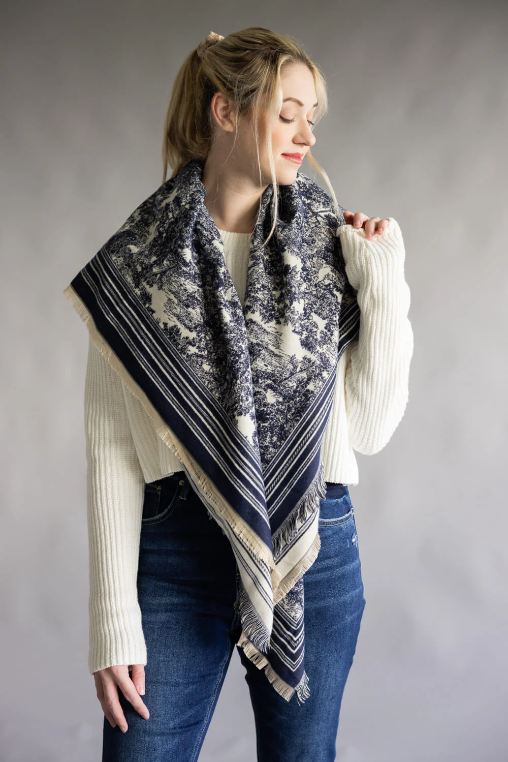 Floral Print Silk Scarf for Women in Navy | WCL520109-NVY - Image 2