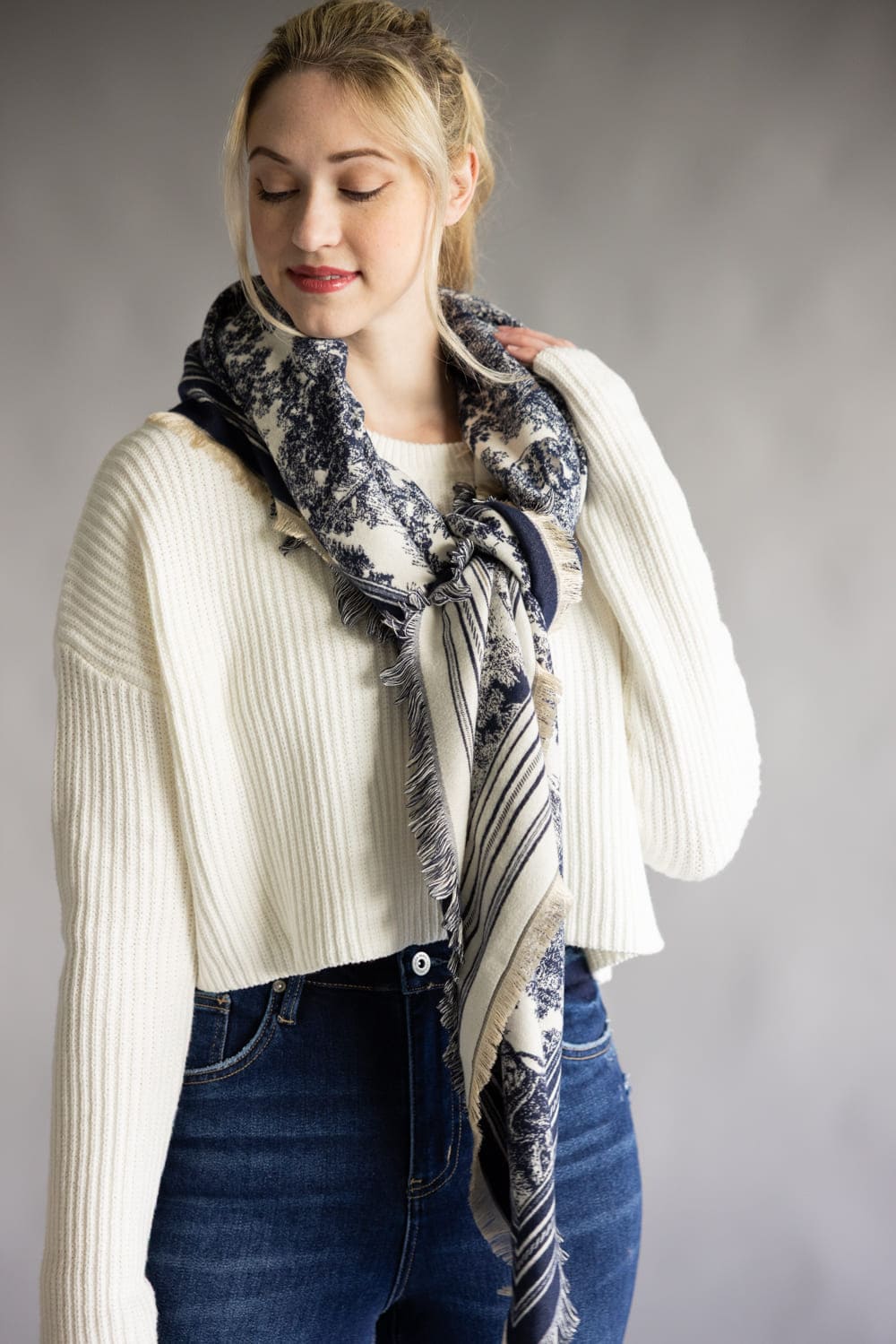 Floral Print Silk Scarf for Women in Navy | WCL520109-NVY - Image 4