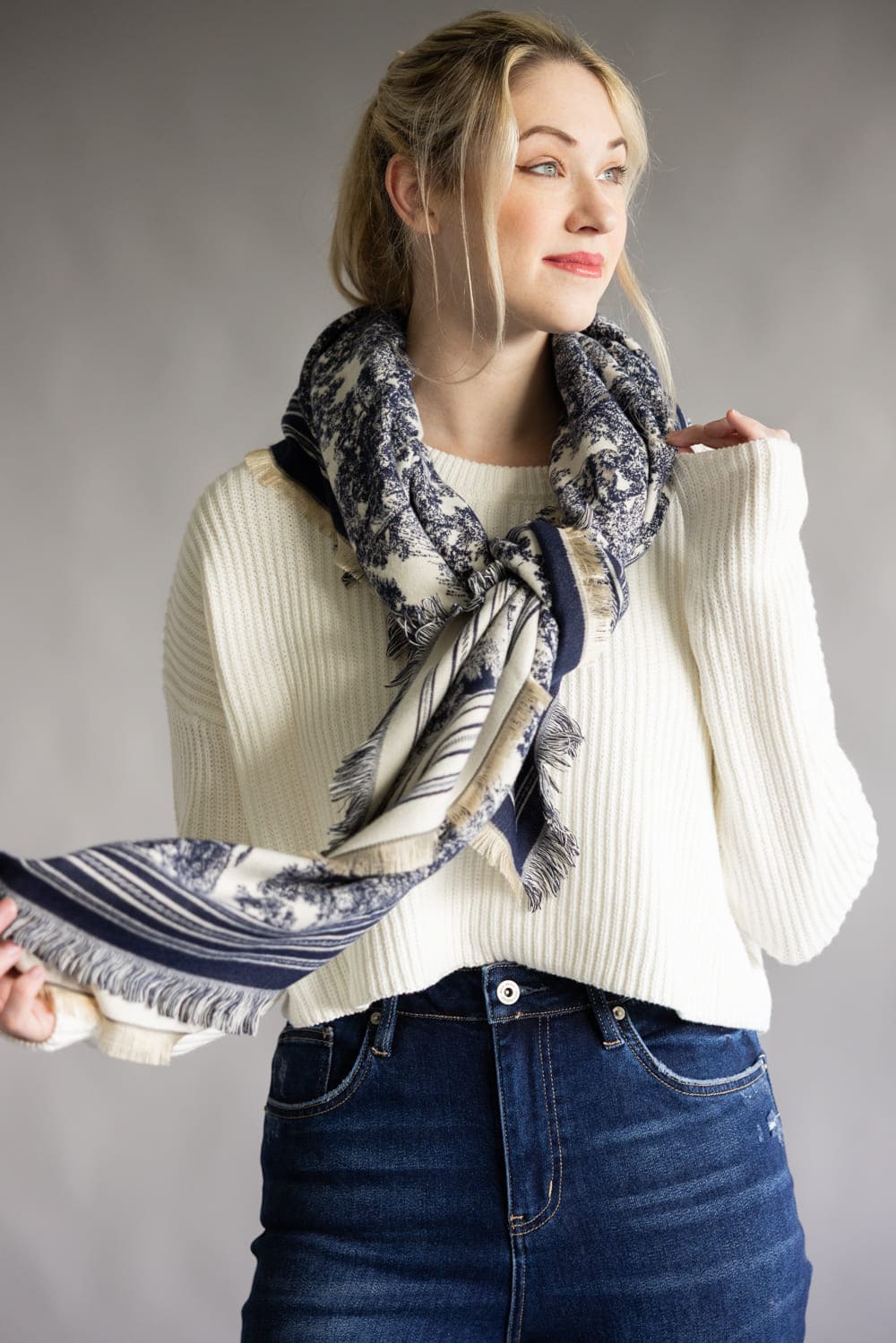 Floral Print Silk Scarf for Women in Navy | WCL520109-NVY - Image 5