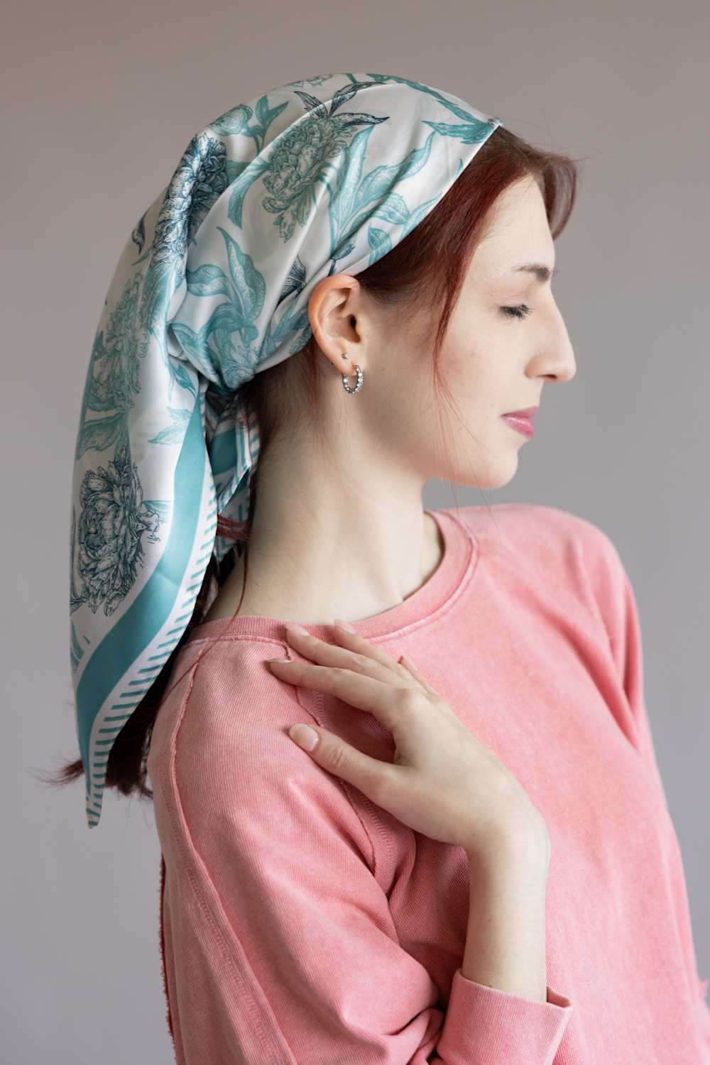 Floral Silk Scarf for Women in Turquoise/White | WLQS101-BLUE - Image 2