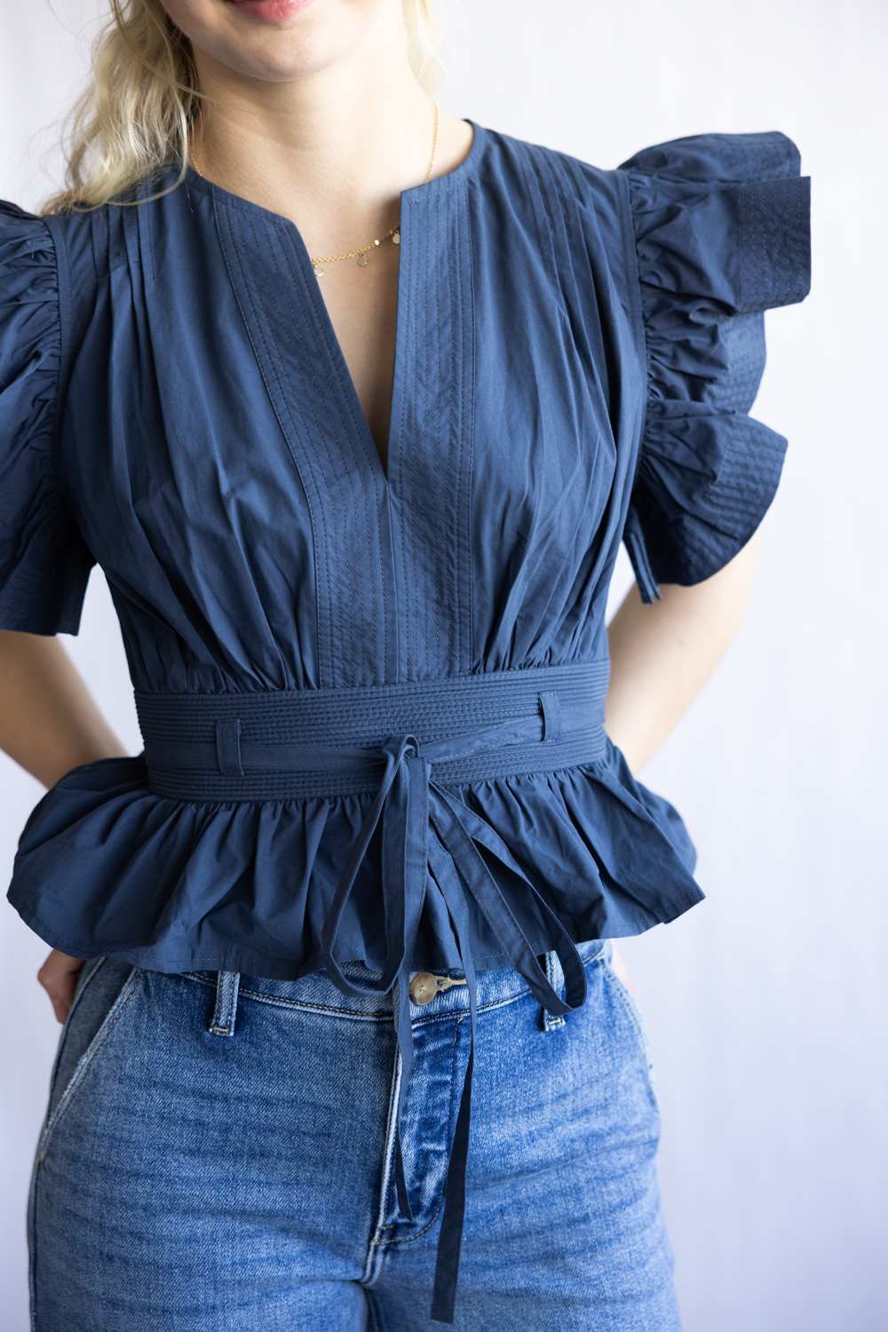 Strut & Bolt Flutter Sleeve Peplum Top for Women in Navy | T-50116-H-NVY - Image 2