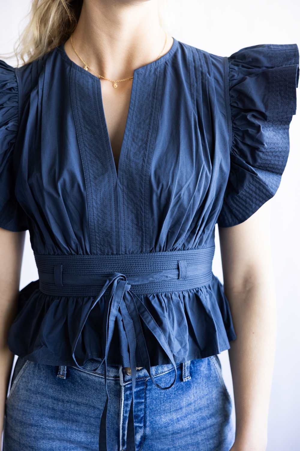 Strut & Bolt Flutter Sleeve Peplum Top for Women in Navy | T-50116-H-NVY - Image 4