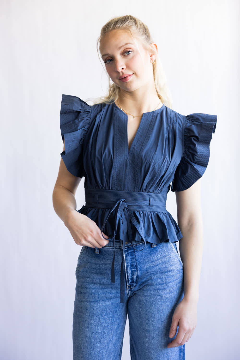 Strut & Bolt Flutter Sleeve Peplum Top for Women in Navy | T-50116-H-NVY - Image 5