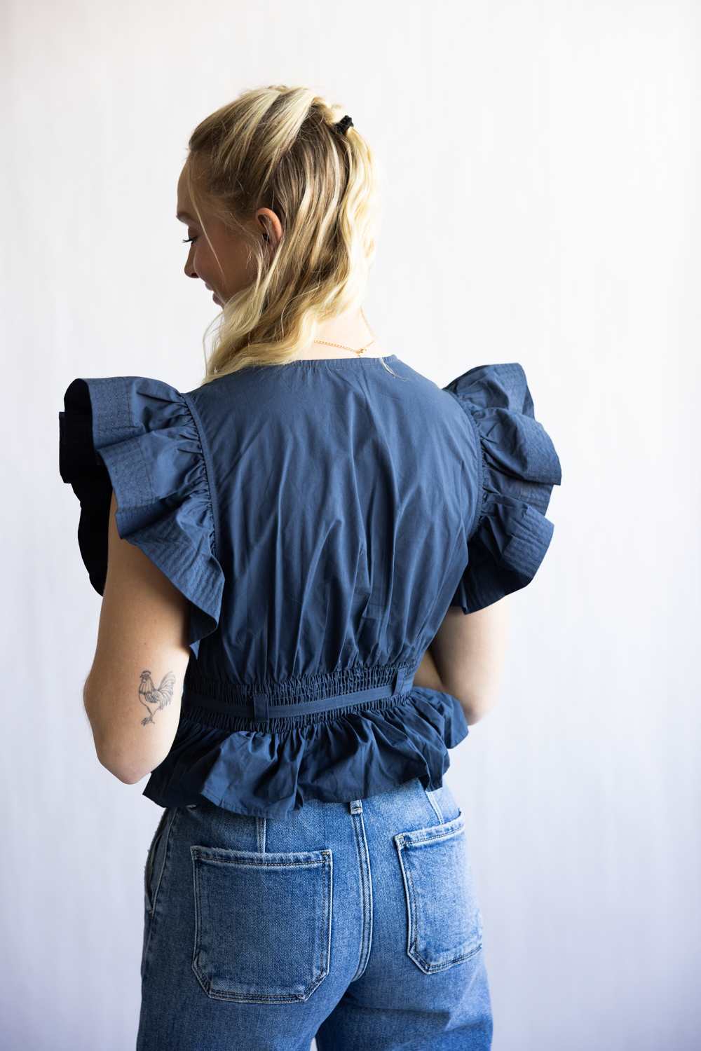 Strut & Bolt Flutter Sleeve Peplum Top for Women in Navy | T-50116-H-NVY - Image 6