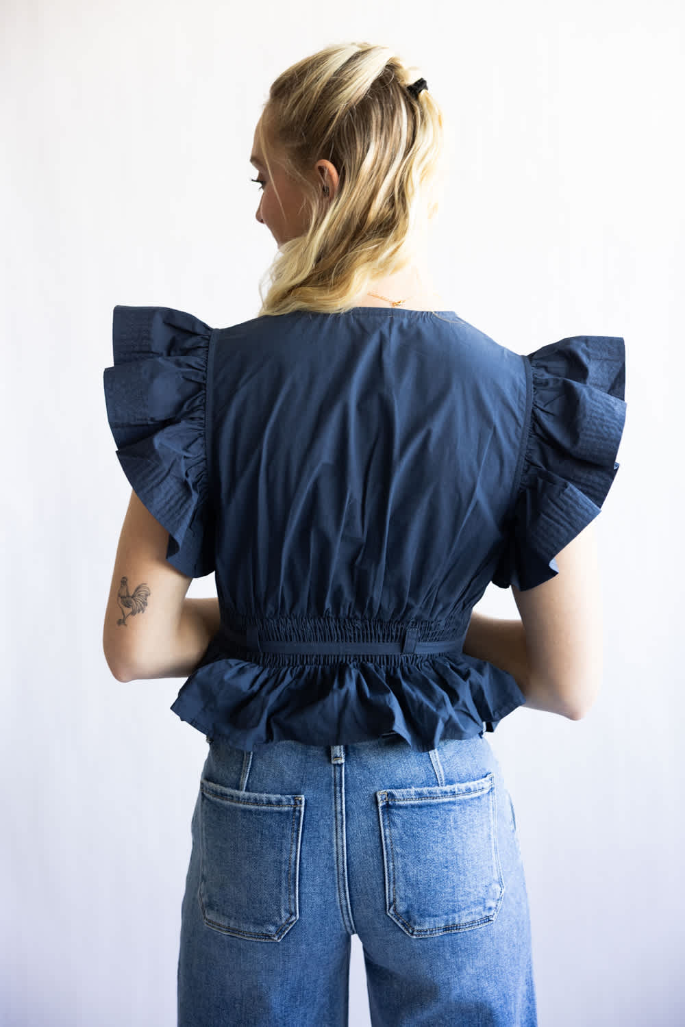 Strut & Bolt Flutter Sleeve Peplum Top for Women in Navy | T-50116-H-NVY - Image 7