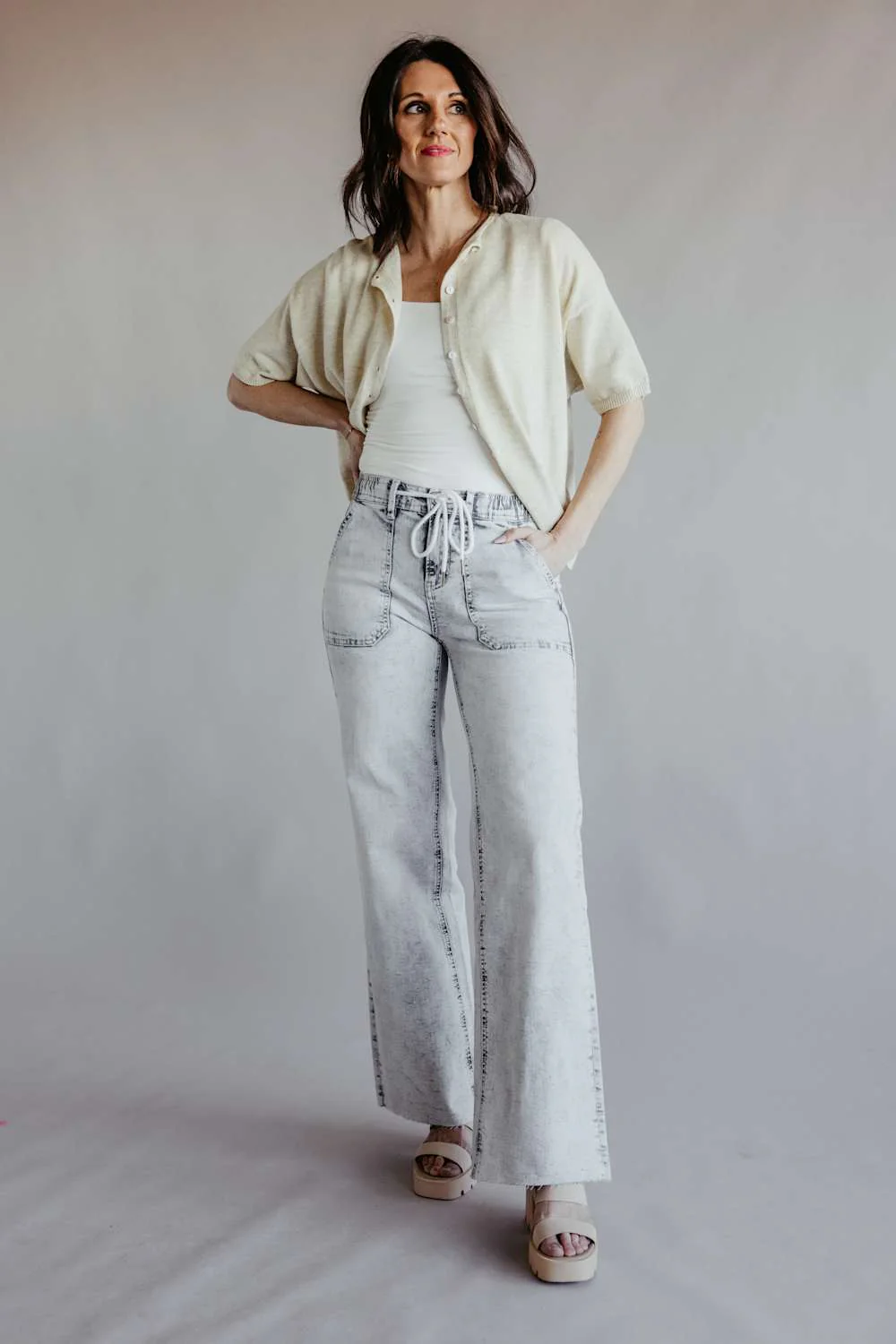 Flying Monkey High-Rise Drawstring Wide Leg Jeans for Women in Light Grey | F6112 - Image 2